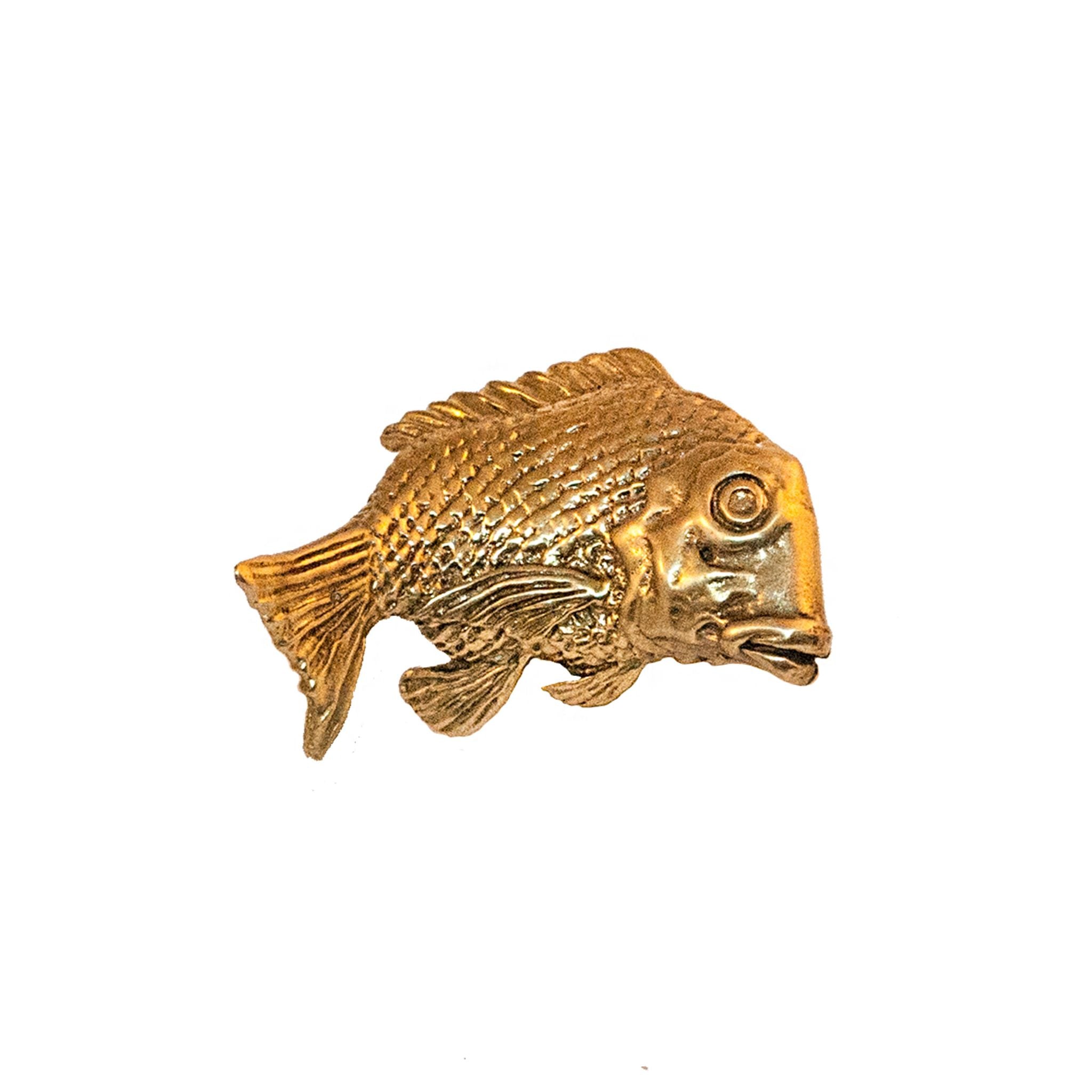 Brass Portofino fish-shaped knob with intricate details and a polished finish, perfect for adding a touch of coastal elegance to cabinets and drawers.
