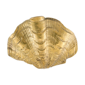 Brass cabinet knob designed in the shape of a seashell, perfect for adding a coastal touch to furniture and cabinets.