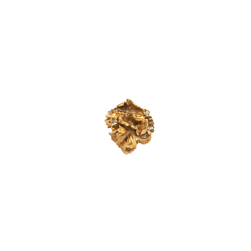 An image of a small brass cauliflower-shaped knob against a neutral background. The knob features intricate detailing resembling a cauliflower, adding a touch of whimsy and uniqueness to furniture or drawers.