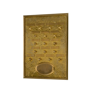 A rectangular brass board adorned with 17 small bells. Each bell has a smooth, polished brass surface and is arranged in rows across the board, creating a neat, orderly pattern. The brass board itself may feature subtle decorative details, such as engraved patterns or raised edges. When gently rung, the bells produce a clear, pleasant, tinkling sound. Overall, this piece combines both functional and ornamental qualities, adding a charming, timeless element to any space.