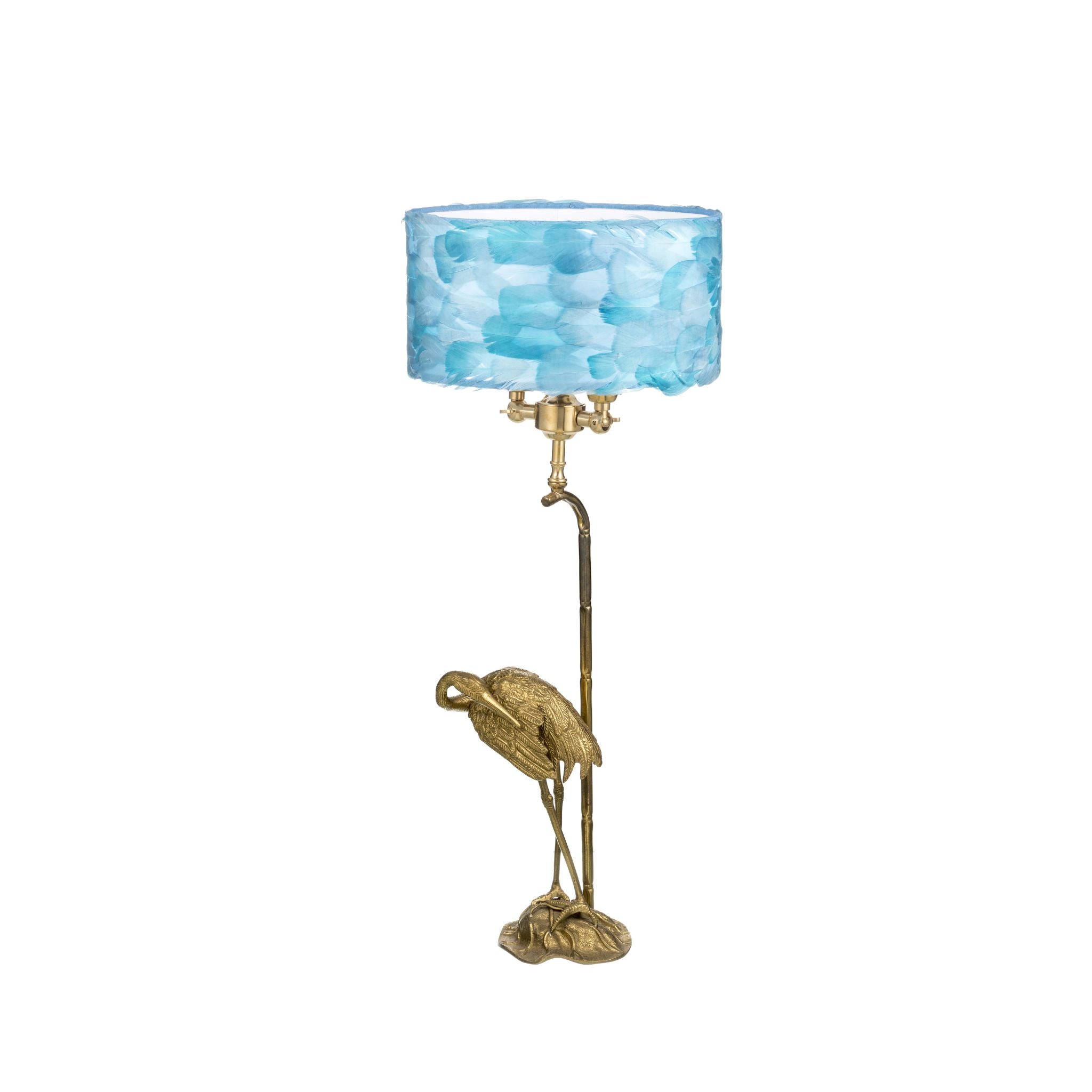 Lampada da tavolo in ottone Fauna con paralume a piume blu chiaro. –  ilbronzetto