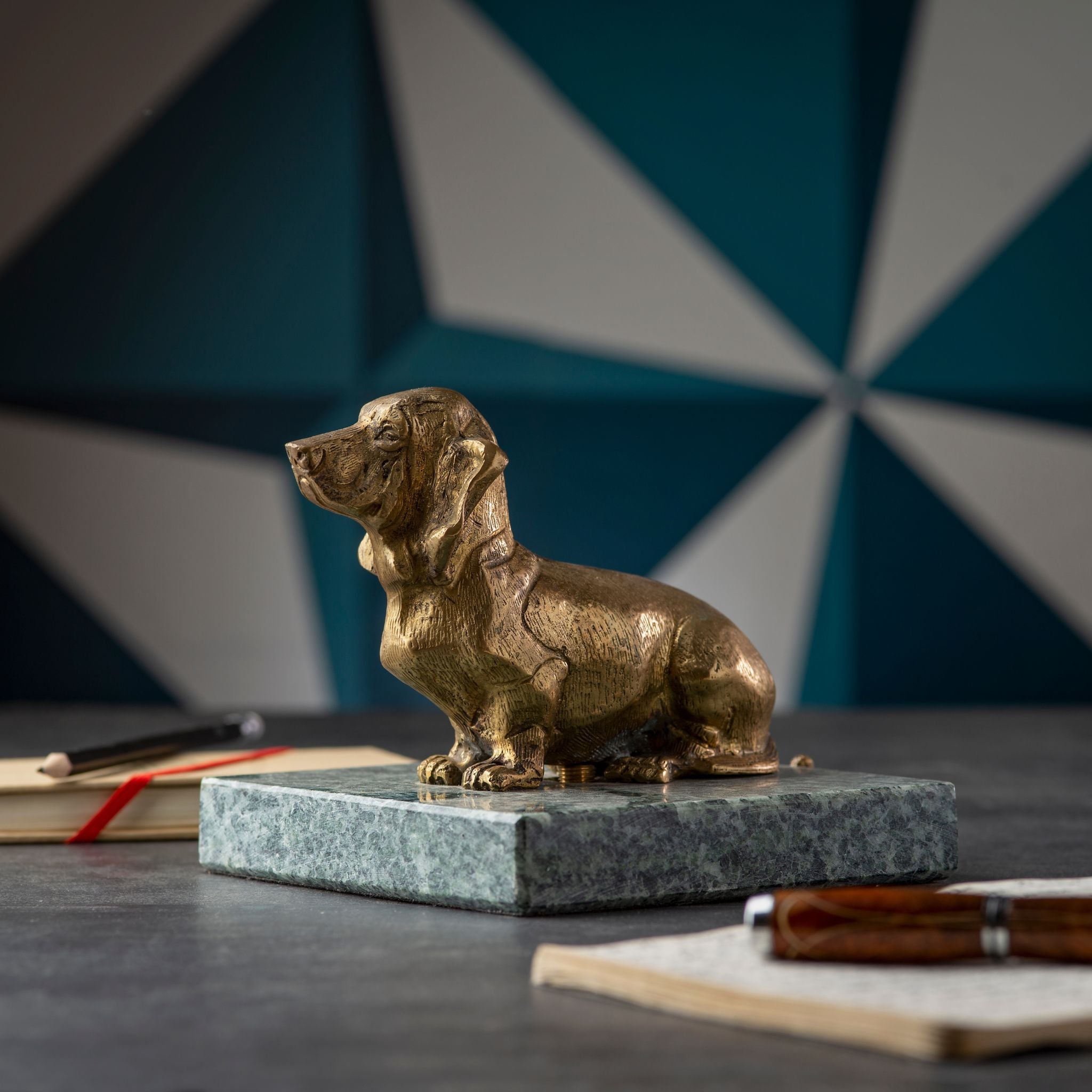 Nana brass basset with green marble base paperweight - ilbronzetto