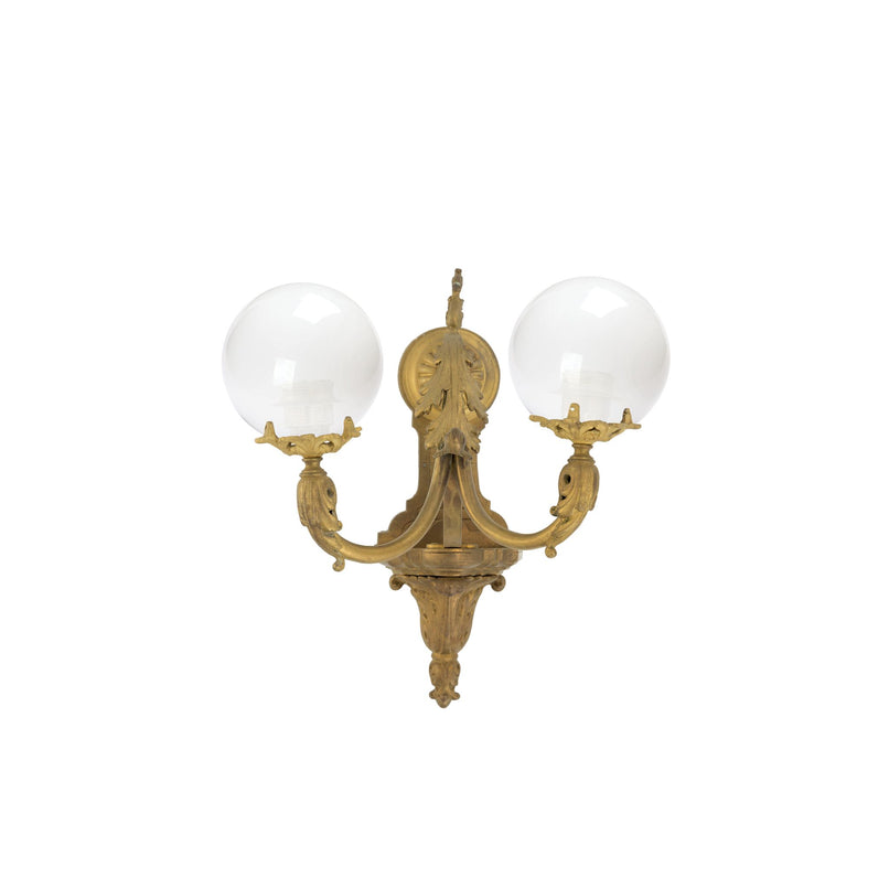 Palmira two lights wall light with glass spheres and brass structure