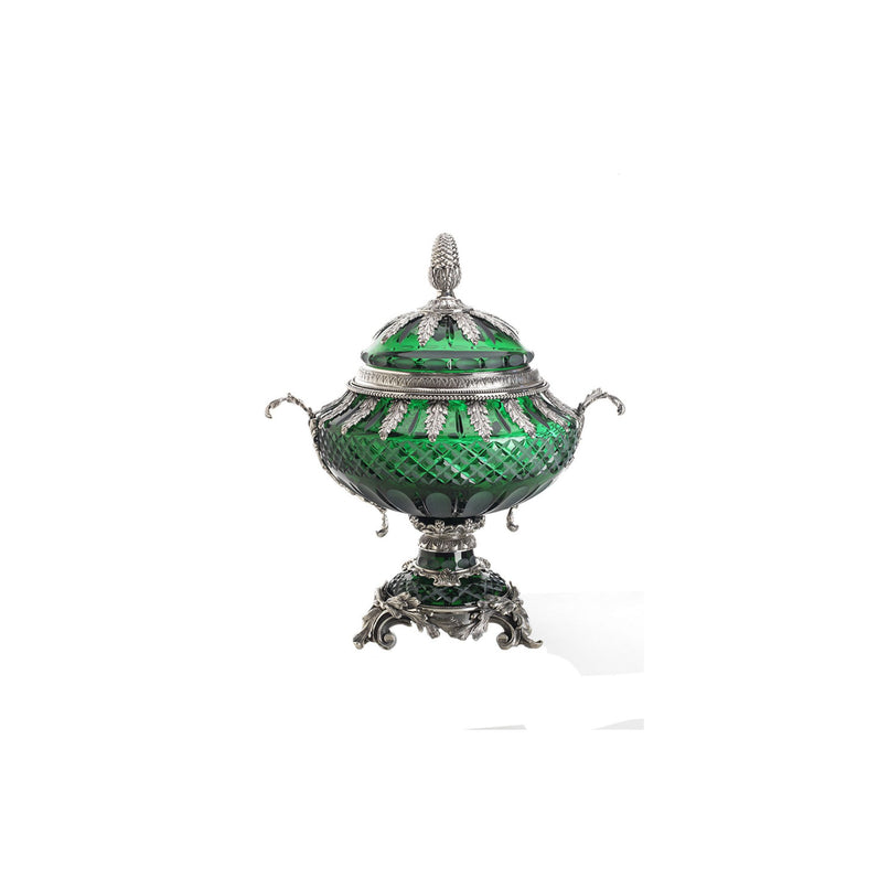 Reggia green crystal handgrinded potiche with leaf handles