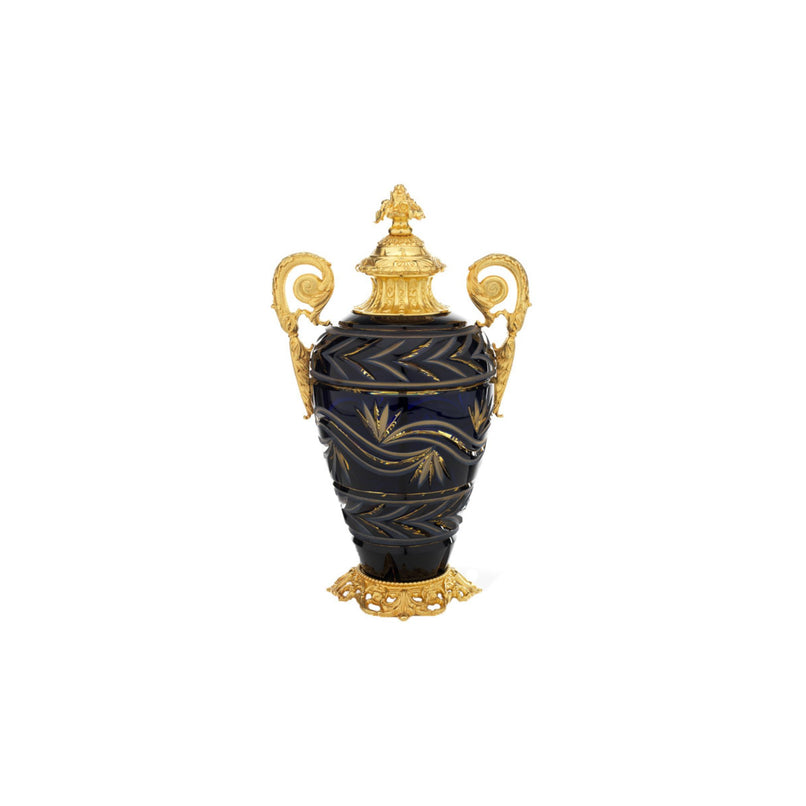 Reggia handgrinded amber and blue potiche with leaf handles