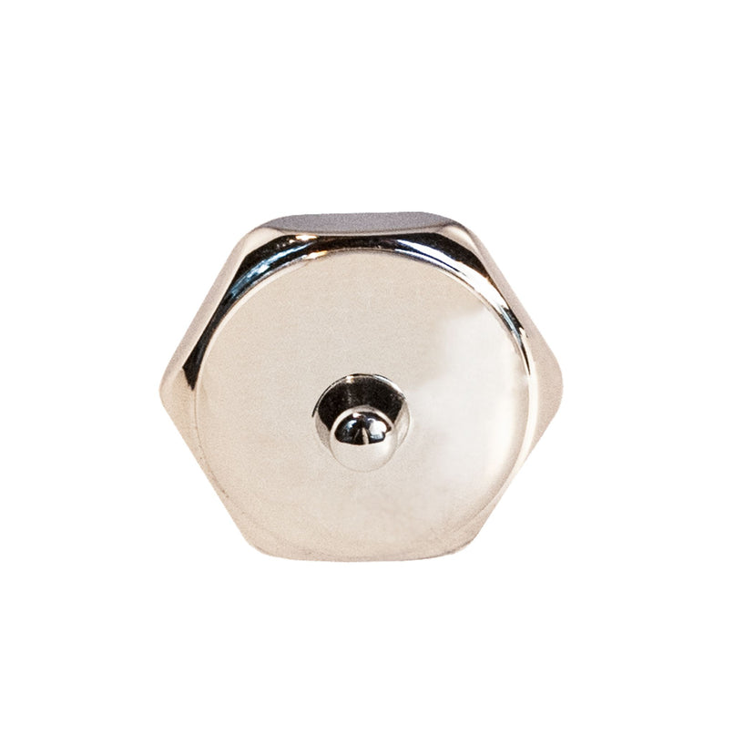 A polished hexagonal brass knob, designed for use on cabinets, drawers, and doors, featuring a modern and elegant look.