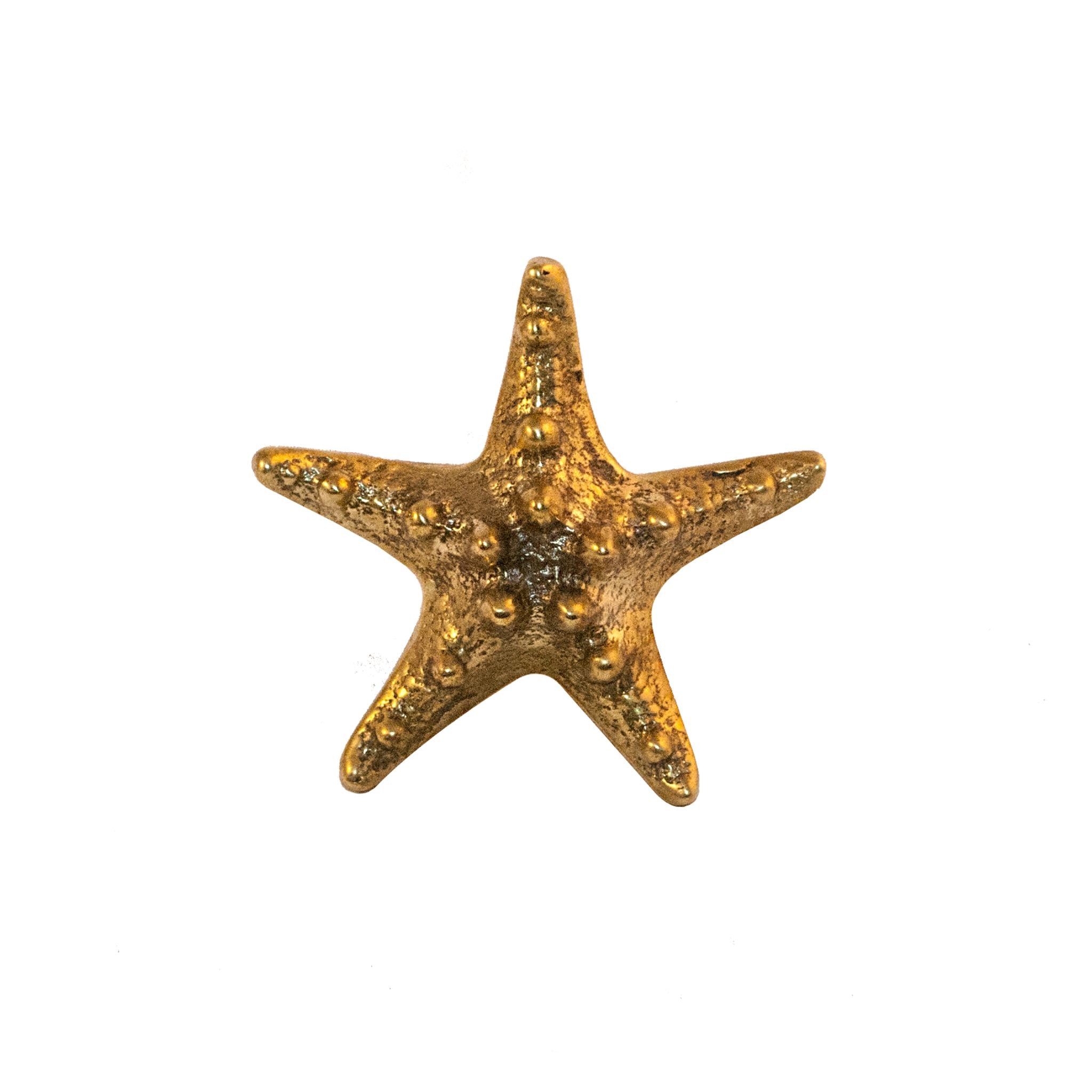 Immagine del Salina Brass Starfish-Shaped pomello. Questo pomello decorativo, realizzato in ottone massiccio, presenta un disegno dettagliato che ricorda una stella marina. La finitura in ottone lucido aggiunge un tocco di eleganza. Adatto per armadi, cassetti e porte, conferisce un'atmosfera costiera a qualsiasi mobile.