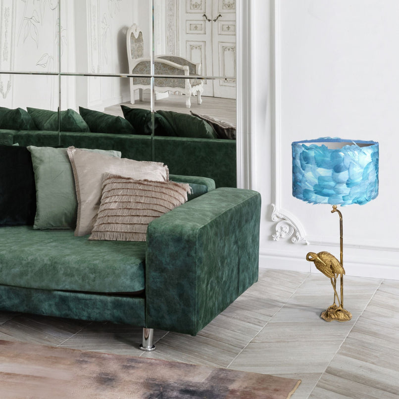 Fauna light blue brass feathers ibis lampshade table lamp - ilbronzetto