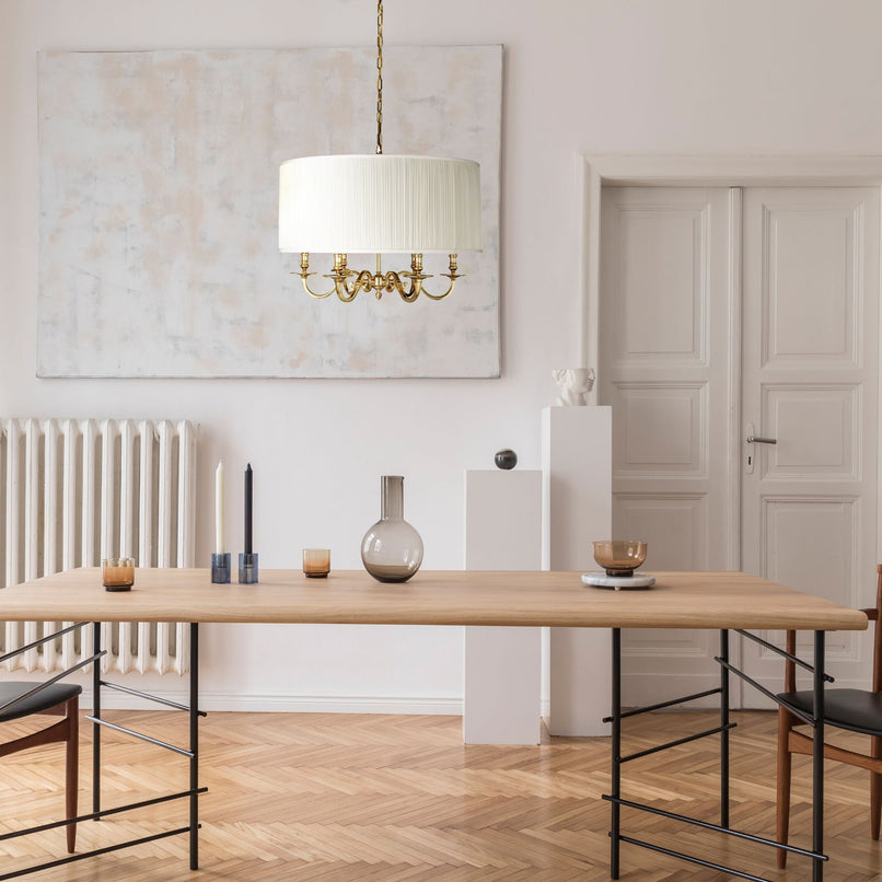 Novecento brass chandelier six lights with fabric lampshade - ilbronzetto